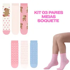 Kit 3 Pares Meia Soquete Capivara e Texturizada Infantil Tamanho 23 a 34