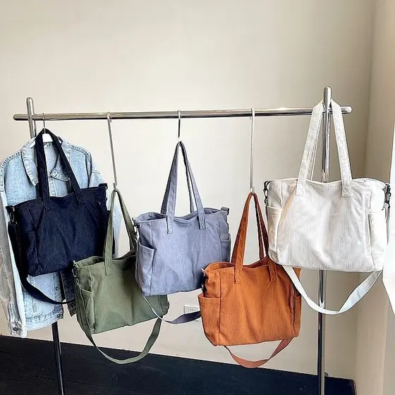 Bolsa tote em veludo cotelê grande capacidade – tiracolo e ombro unissex, minimalista para trabalho e estudo