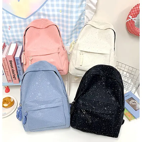Mochila Feminina Escolar de Veludo com Estrelas – Casual, Leve e Espaçosa
