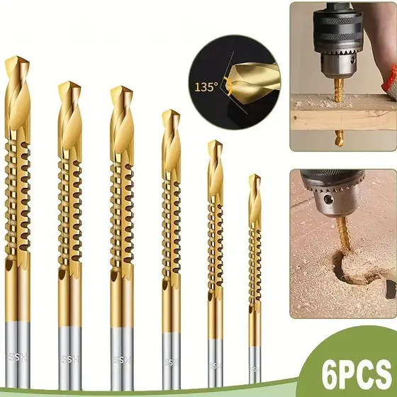 Conjunto com 6 Peças de Brocas Serra com Dentes Dourados para Madeira – Design Especial com Ranhuras