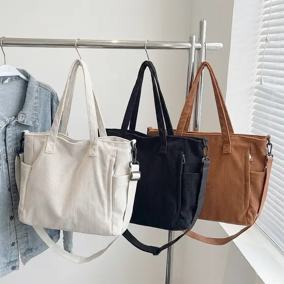 Bolsa Feminina de Veludo Cotelê Grande Tote Bag Ombro e Mão Casual Elegante Espaçosa Versátil Estilo EscolarMaterial: Ve