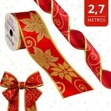 Fita Natalina Decorativa Aramada Vermelha Dourado 2,4m Laços P/ Enfeitar Árvores Guirlanda Presente