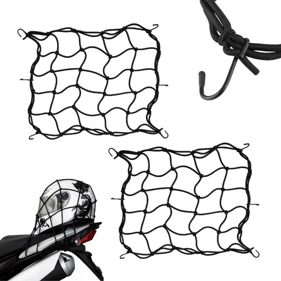 Redes Elástica Aranha P/ Capacete Carga Caixa Bagageiro de Moto Preta 6 Ganchos de Ferro 35x35
