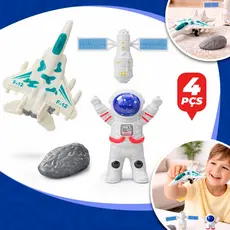 Kit  Brinquedo Explorador Espacial Infantil 4 Pçs Nave Com Fricção Astronauta Satélite Asteroide