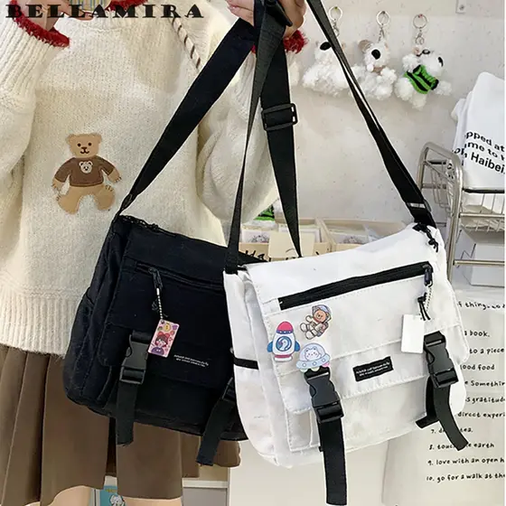 【Dar Crachá】 Bolsa Tiracolo Estilo Harajuku Japonês Utilitário Retrô De Rua Moda Bolsa Carteiro Estudantil De Lona