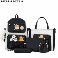 Capivara Kit 5 Bolsas Mochila Unissex De Nylon Impermeável Estilo Coreano Grande Capacidade Ideal Para O Dia A Dia