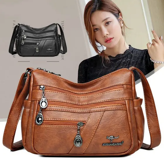 Bolsa Tiracolo Feminina Casual de Couro PU com Multi Bolsos e Alça Ajustável Elegante