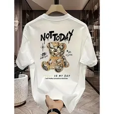 [Camiseta Vintage Masculina Algodão]HYP Camiseta Masculina Casual Verão 100% Algodão Estampa Urso "Not Today" - Solto e 