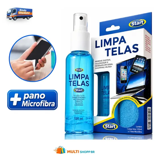 Kit Limpa Telas 120ml com Pano Microfibra Ideal Celular TV Notebook Remove Sujeira Sem Danificar