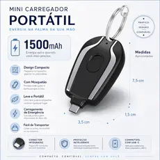 Carregador Portátil Chaveiro Tipo-C de Emergência Mini Power Bank ACHEI GLAM