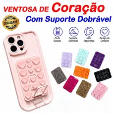 Ventosa de Coração para Celular com Suporte Dobrável | Forte Sucção | Anti Queda | Ajustável para Selfie | Reutilizável
