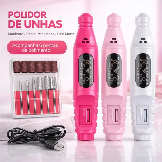 Caneta Lixadeira Elétrica para Unhas com 5 Pontas Velocidade Ajustável para Manicure Pedicure