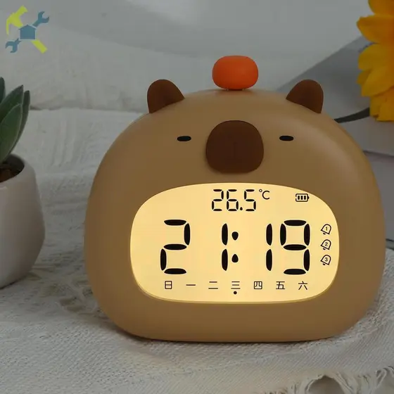 Adequado para Crianças Relógio Despertador com Luz Noturna Ajustável Design Fofo de Capivara 3 Modos de Alarme Adequado