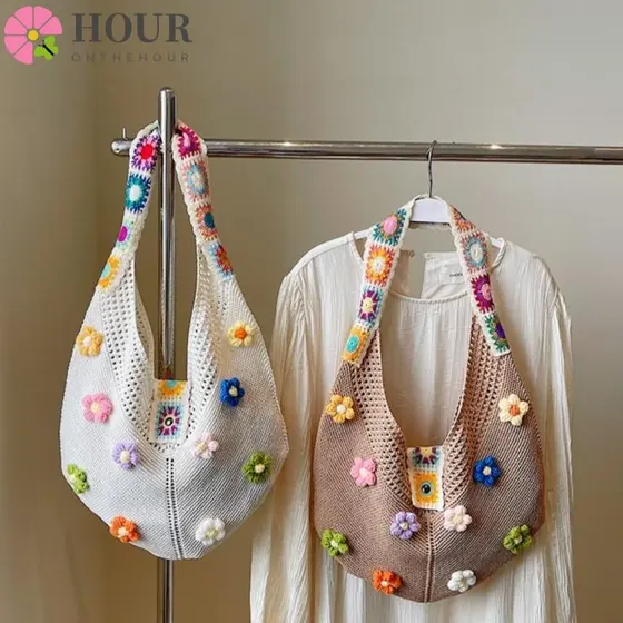 Bolsa De Um Ombro Tecida HOUR , Axilas Estilo Boêmio Com Design De Flores Praia Oca Para Mulheres