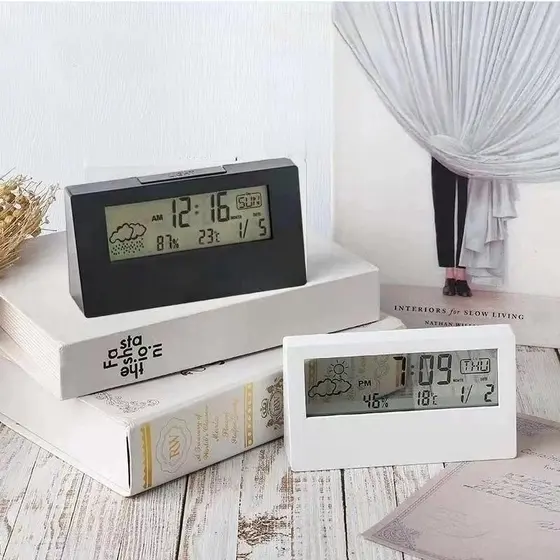 Relógio Despertador Digital Branca, Cinza e Preta Data Hora Temperatura Escritório Bancada