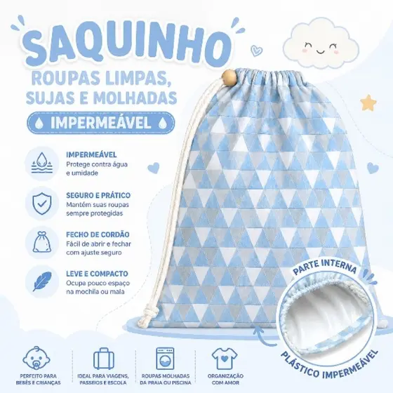 Saquinho roupas limpas sujas e molhadas - sacola impermeável compacta - menino menina - estampada