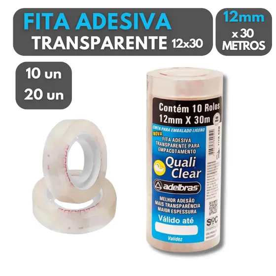 Fita Adesiva Transparente Tipo Durex 12mm x 30m Adelbras Kit Econômico 30 metros Empresa Desconto