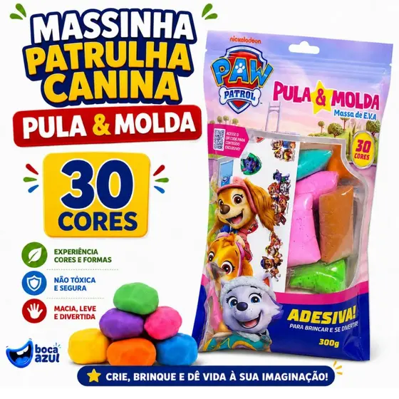 Massa De Modelar Patrulha Canina Pula E Molda 30 Cores 300g Com adesivos Skye Everest Liberty Eva Atoxica Boca Azul