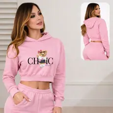 Blusa Feminina Cropped Moletom com Capuz Inverno Ursinha Chic