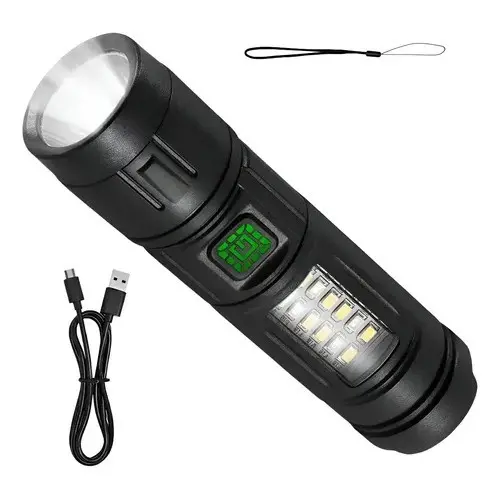 Lanterna Tática Recarregável Usb Com Luz Lateral Led Branco Preto