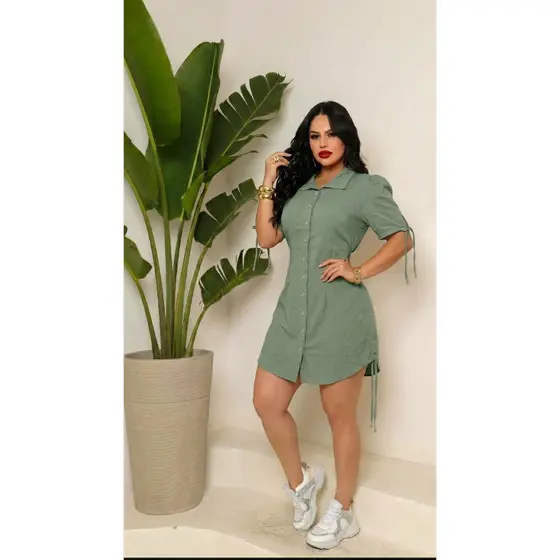 Vestido Chemise Feminino Elegante Acinturado com Elástico nas Costas Casual Confortável