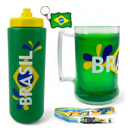 Kit Futebol Caneca Gel Garrafa Squeeze 800ml Cordão Brasil