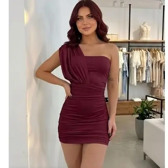 Vestido Feminino Curto Mula manca com Bojo Drapeado nas Laterais Verão Elegante Casual
