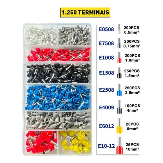 Kit 1250 Unidades Terminal Tubular com Ilhós para Fio Fino Conectores Elétricos para Instalação e Manutenção