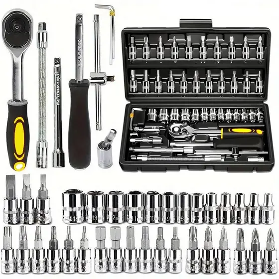 Kit De Ferramentas 46 Peças Jogo De Soquetes Com Chave Catraca Reversível Profissional Para Mecânica E Reparos