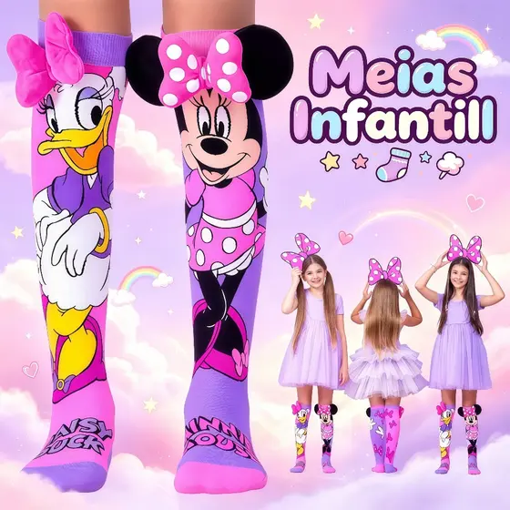 Meias Cano Alto Infantil Minnie e Daisy 3D Com Personagem Fofas Divertidas Para Crianças Presente