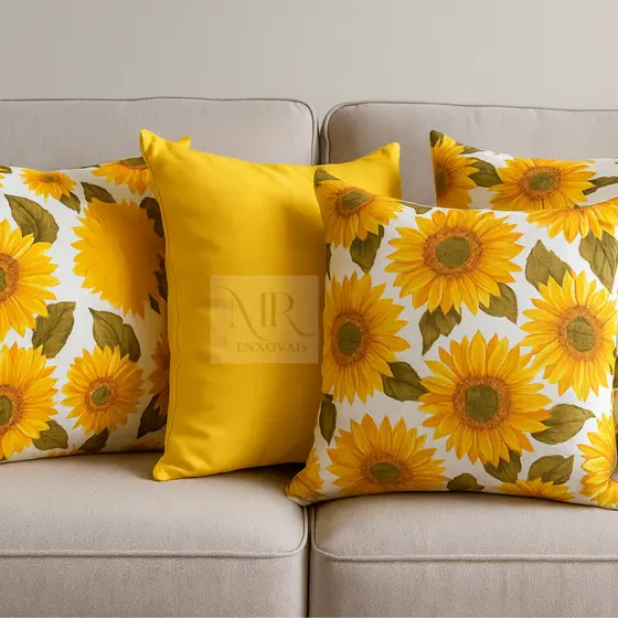 Almofadas Decorativas Girassol Amarelo 45x45 | Kit com 4 almofadas Enchimento Silicone e Zíper