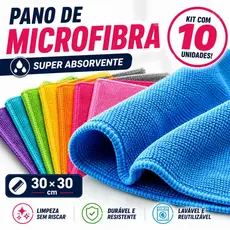 Kit 10 Panos de Microfibra 30x30 Multiuso Alta Absorção Limpeza Casa Carro
