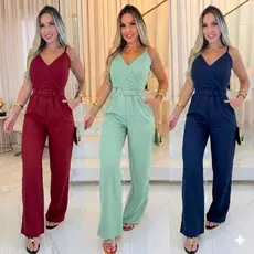 Macacão Longo Feminina Alfaiataria Elegante Premiun Social com Cinto