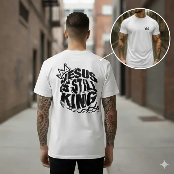 Camiseta Unissex Jesus Is Still King Religioso Manga Curta Algodão Streetwear Estliso
