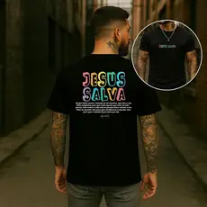 Camiseta Unissex Jesus Religioso Colorido Manga Curta Algodão Streetwear Estliso
