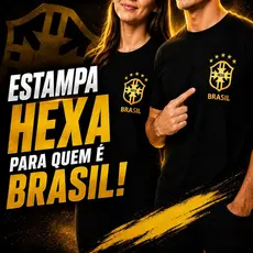 Kit Camisetas Casal Brasil Hexa Preto Dourado