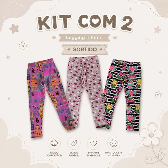 Kit 2 Calças Leggings Feminina Infantil Estampadas Sortidas Com Elastico