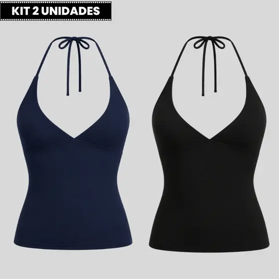 Kit 2 Blusas Femininas Efeito Silicone com Amarração Ajustável e Busto Forrado Tecido Premium