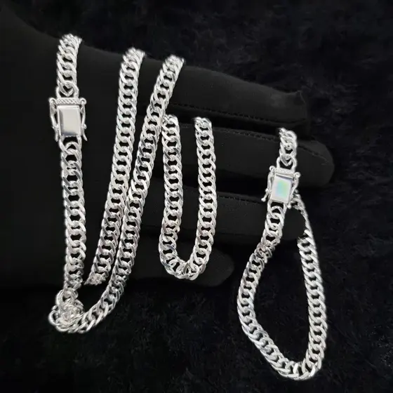 Conjunto Corrente E Pulseira Elo Duplo 7mm Banhado À Prata 925