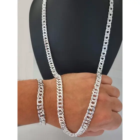Kit Corrente E Pulseira Masculina Grossa 9 MMBanhada À Prata 925