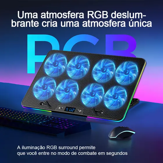 Base Cooler Notebook RGB USB 2000RPM Suporte Refrigerador para Laptop Gamer Ajustável 7 Alturas com 2 USB