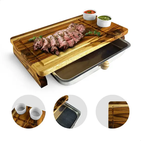 Tábua de Churrasco Inteligente para Cortar Carne com Bandeja e 2 Ramekins 39 x 23 cm