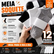Kits de Meias 3/6/9/12 Pares Soquete Feminina e Masculina Unissex Lisa confortável e respiravel