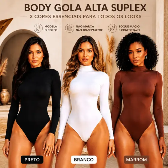 Kit Body Gola Alta Manga Longa Feminino Suplex Segunda Pele Casual Elegante Moda Feminina