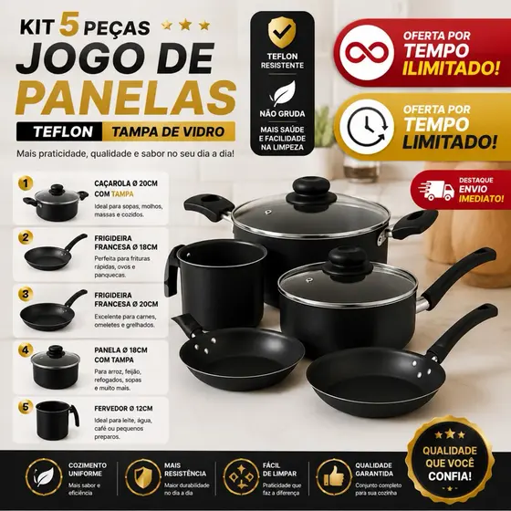 Conjunto 5 Panelas Jogo Kit 5 Panelas Teflon Tampa de Vidro Linha Luxo Clarity 5 Peças Preto e Preto