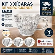 Kit 3 Xícaras Caneca Cafe de Vidro Grande para Chá Vidro Bohemia  220ml Servir Mesa Posta Resistente
