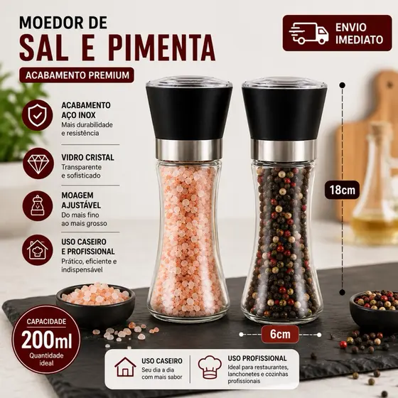Moedor de Sal e Pimenta 1 Und Vidro 200ml - Sal Pimenta Temperos