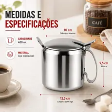 Açucareiro Inox 250ml com Colher 15cm Porta Açúcar com Colher Aço Inox