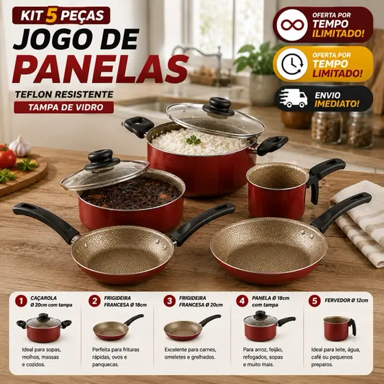 Conjunto de Panelas Kit 5 Panelas Teflon Resistente Luxo Tampa Vidro Capri 5 Peças Cereja e Creme