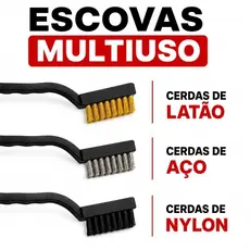 Kit 3 Escovas para Limpeza Pesada 17x3cm Aço Latão Nylon Cabo Plástico Multiuso